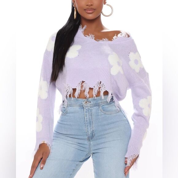 Just Polly Bloom Lavender Long Sleeves Cropped Sweater - Picture 7 of 7
